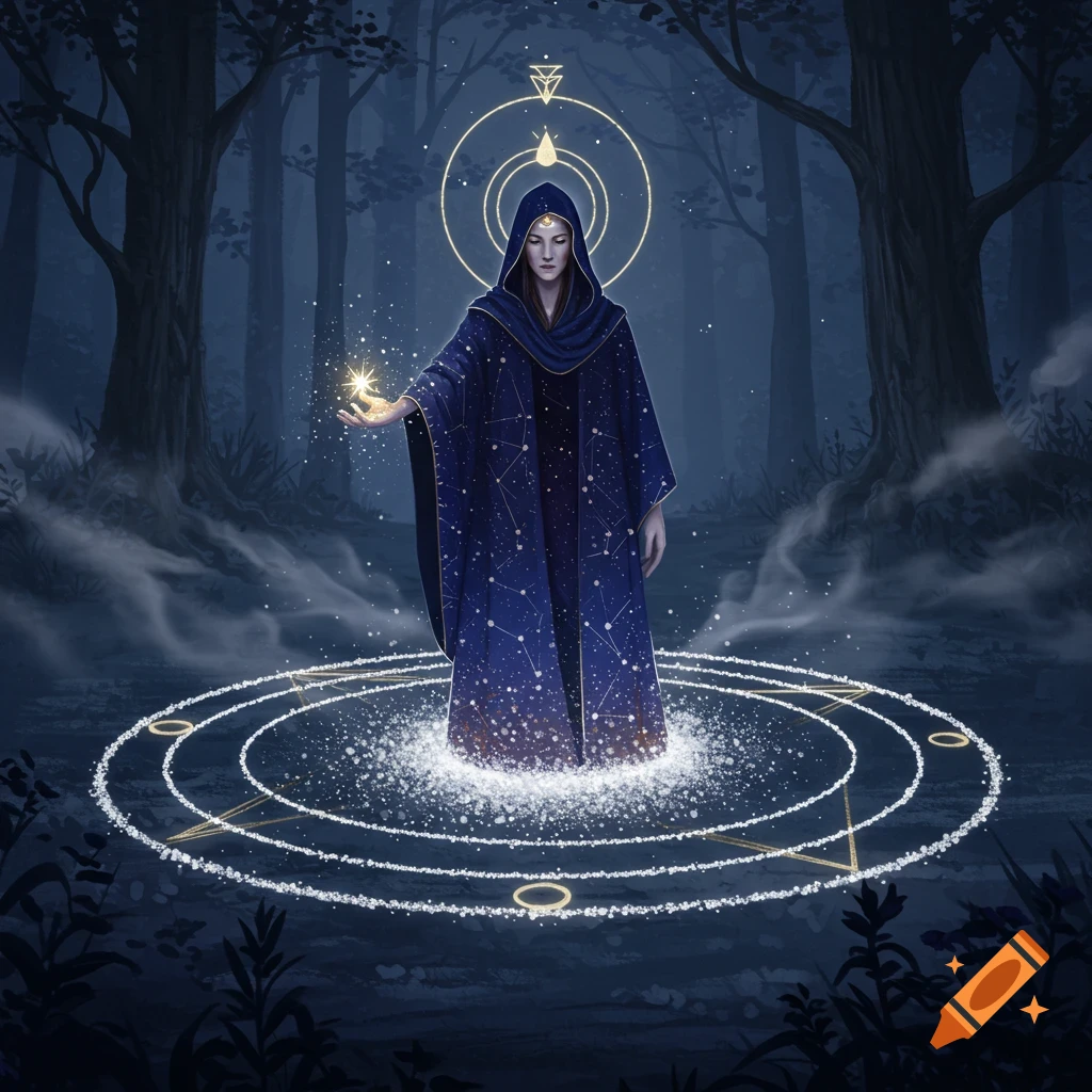 A robed sorceress in a dark forest holds a glowing star, surrounded by a magical circle of light and sparkling dust.