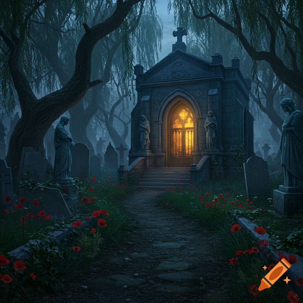 A moody, gothic mausoleum glows in a dark graveyard, surrounded by weeping willows, stone statues, and red poppies.