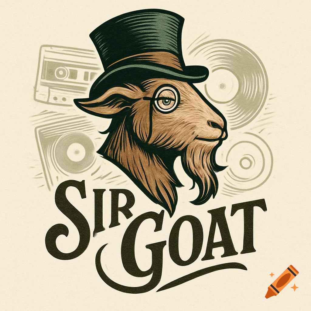 Vintage-style illustration of a goat in a top hat and monocle, with "Sir Goat" text and faint music records in the background.