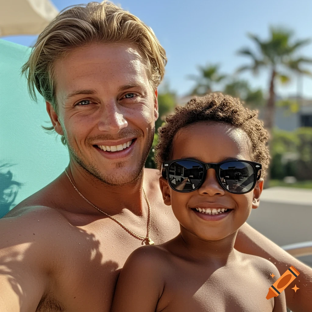 A smiling blonde man and a smiling child in sunglasses take a selfie outdoors in the sun.