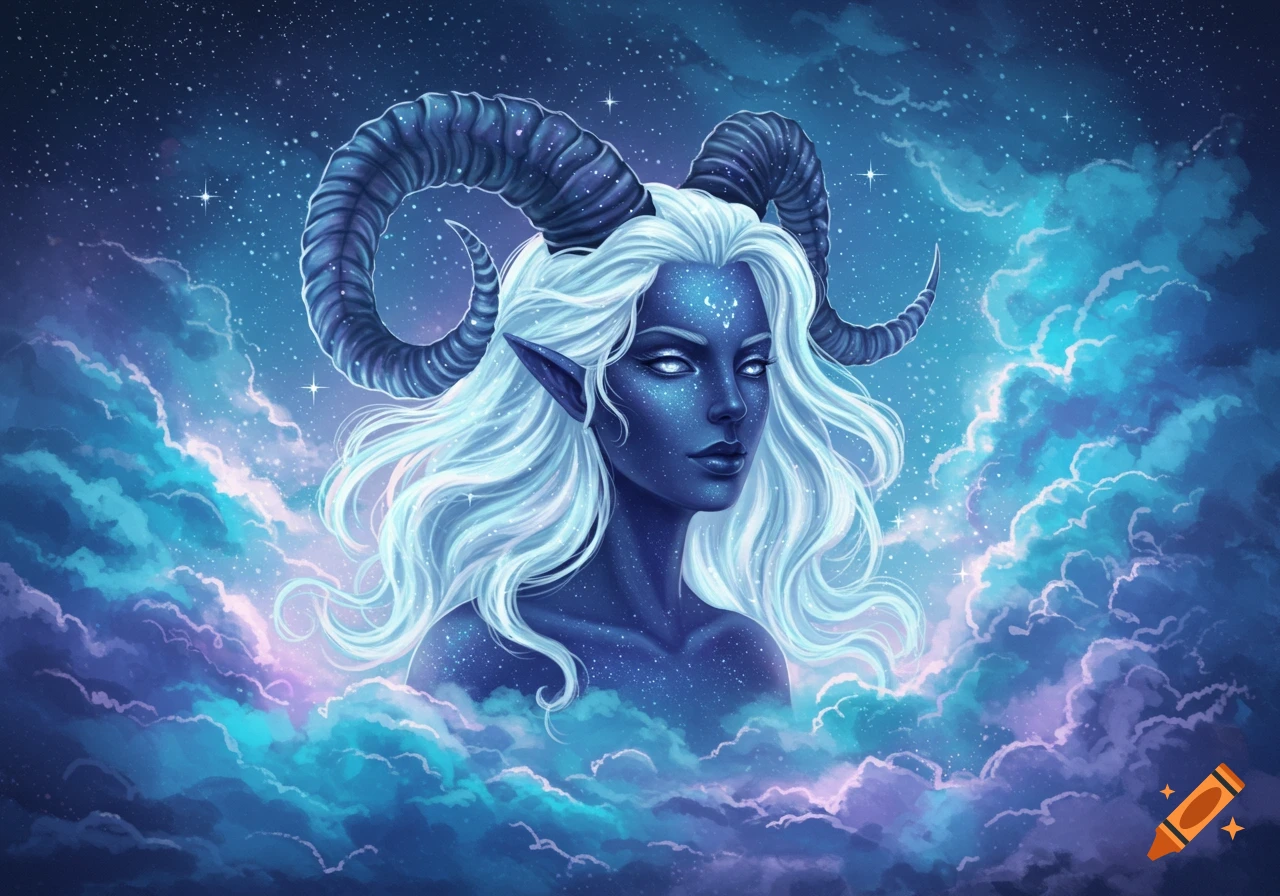 A fantasy portrait of a blue-skinned woman with white hair and horns, emerging from blue and purple clouds under a starry sky.