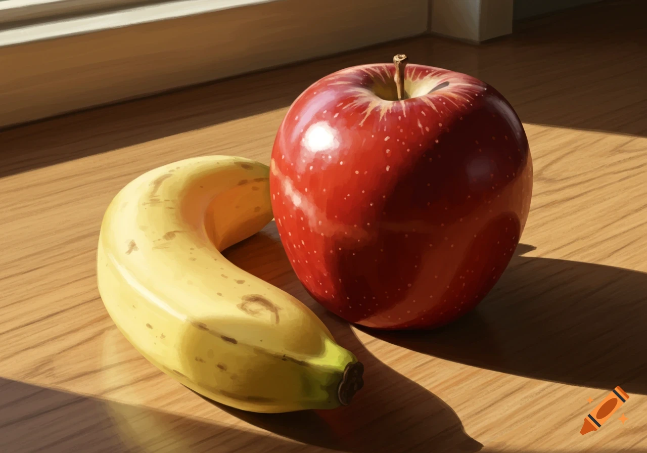A vibrant red apple and a yellow banana rest on a wooden surface, illuminated by natural light, in a realistic digital painting style.