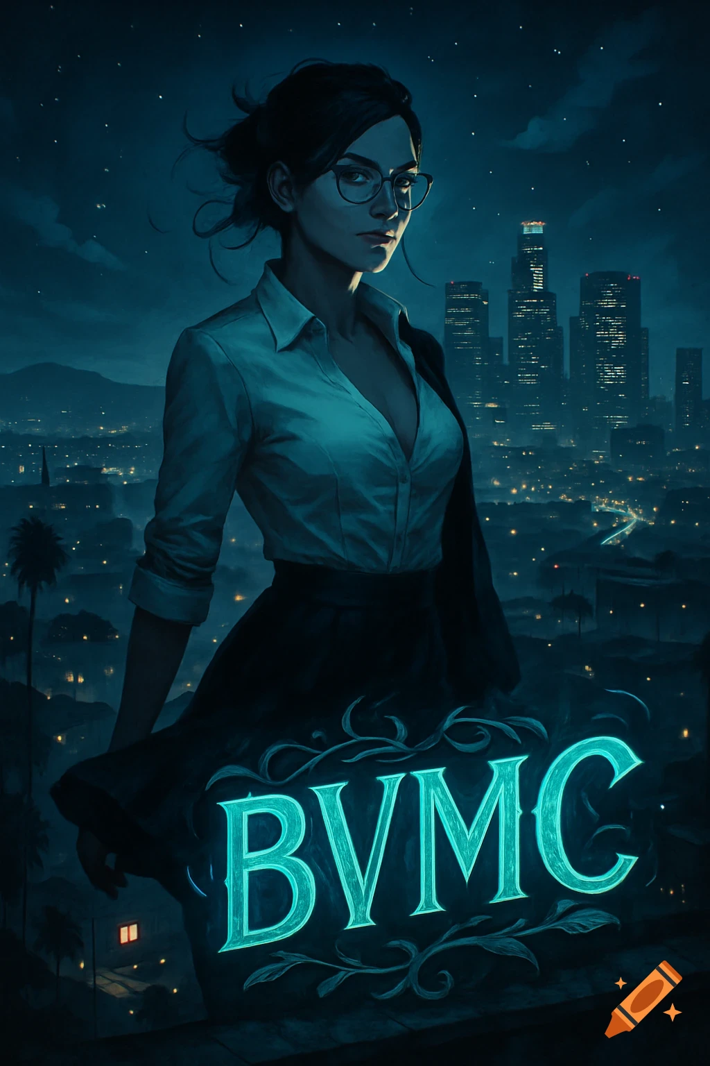 Digital art of a woman in a white shirt and glasses looking over a dark city skyline at night, with glowing BVMC text.