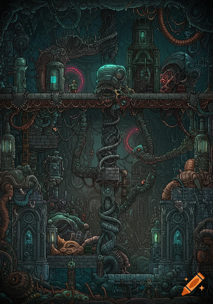 Dark pixel art metroidvania level with a small armored character in a H.R. Giger-inspired biomechanical and industrial environment.