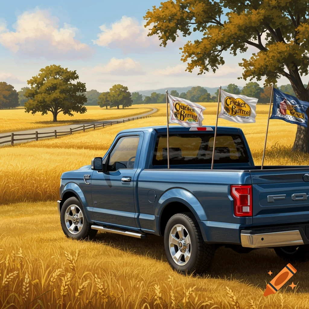 A blue Ford pickup truck parked in a golden field under a blue sky, with three flags including Cracker Barrel logos, attached to the truck bed.