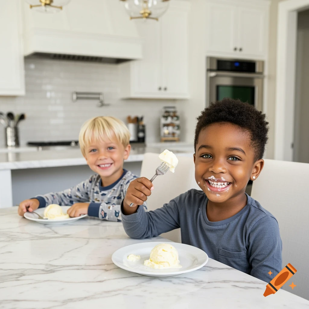 Two smiling boys eating vanilla ice cream at a marble table in a bright kitchen.