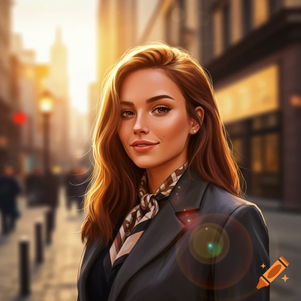 A confident young woman with long brown hair, wearing a dark jacket and striped scarf, smiles at the camera on a sunlit city street.