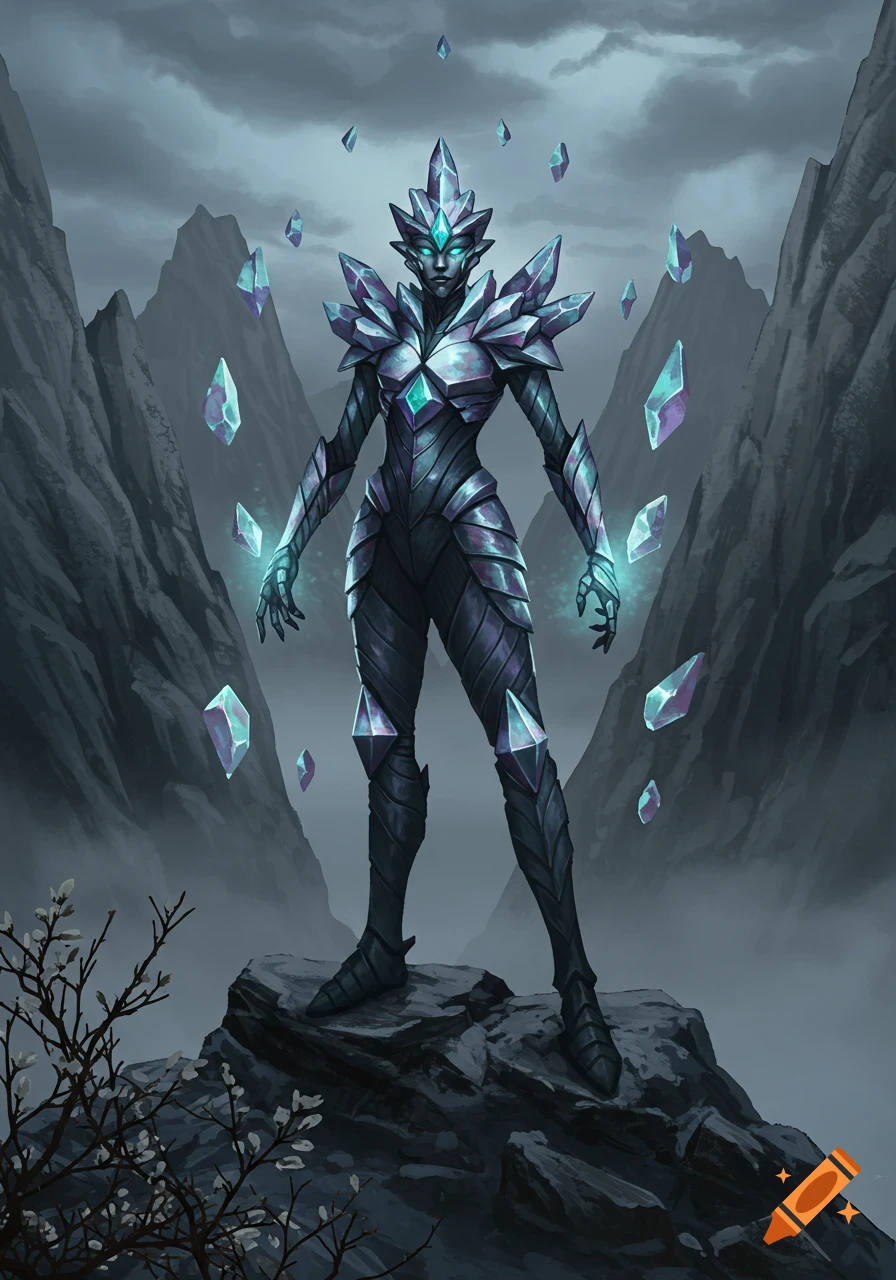 A dark-armored crystal warrior with glowing eyes and hands stands on a mountain rock, surrounded by floating blue crystals, in a fantasy art style.