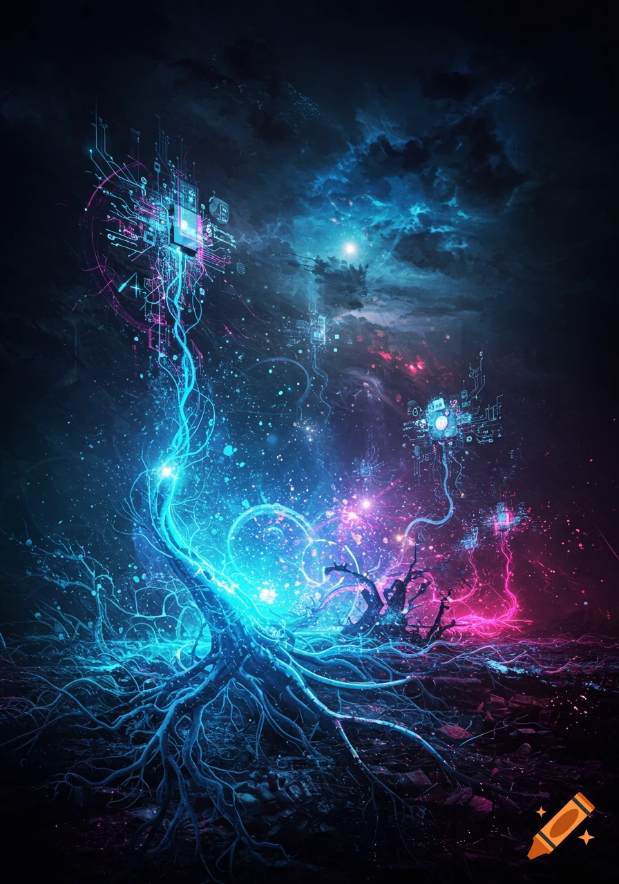 Glowing blue cybernetic tree with tangled roots and circuit-like branches reaching into a dark sky, illuminated by vibrant pink and blue light.