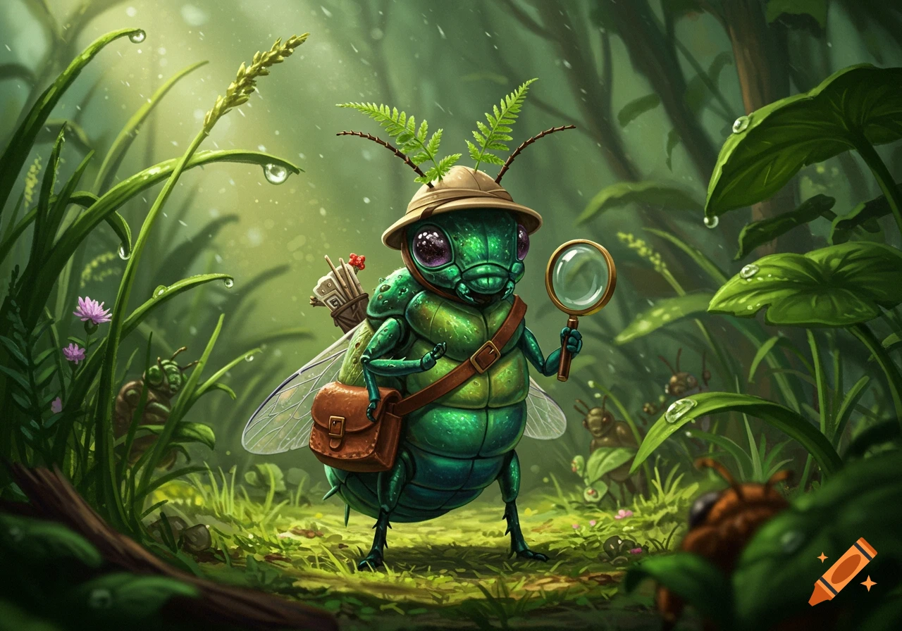 A cute green bug explorer in a pith helmet, holding a magnifying glass, stands in a lush, dewy jungle.