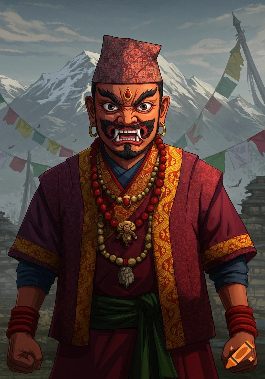 An angry man in red traditional Nepalese attire with fangs and prayer beads, mountains, and prayer flags in a stylized illustration.