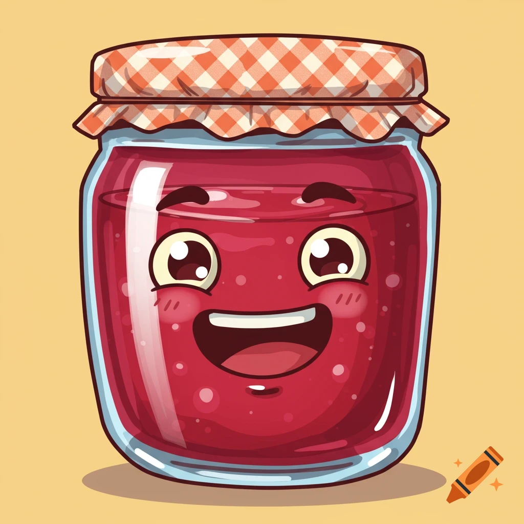 A cheerful cartoon jam jar with a happy face, big eyes, and an open mouth smile, wearing a red and white checkered cloth on its lid, on a yellow background.