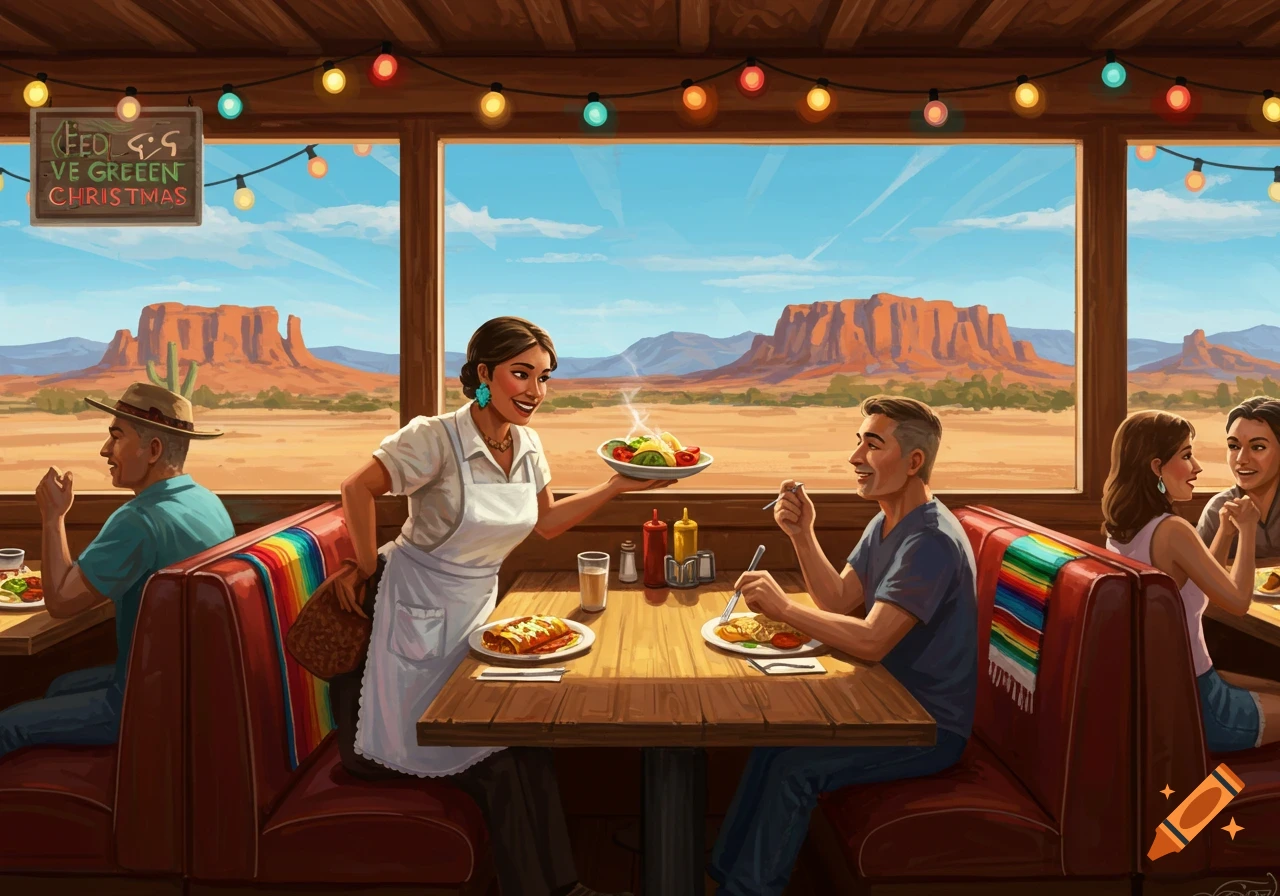 An illustration of a waitress serving food in a New Mexico diner with desert mesas visible outside, decorated with colorful string lights.