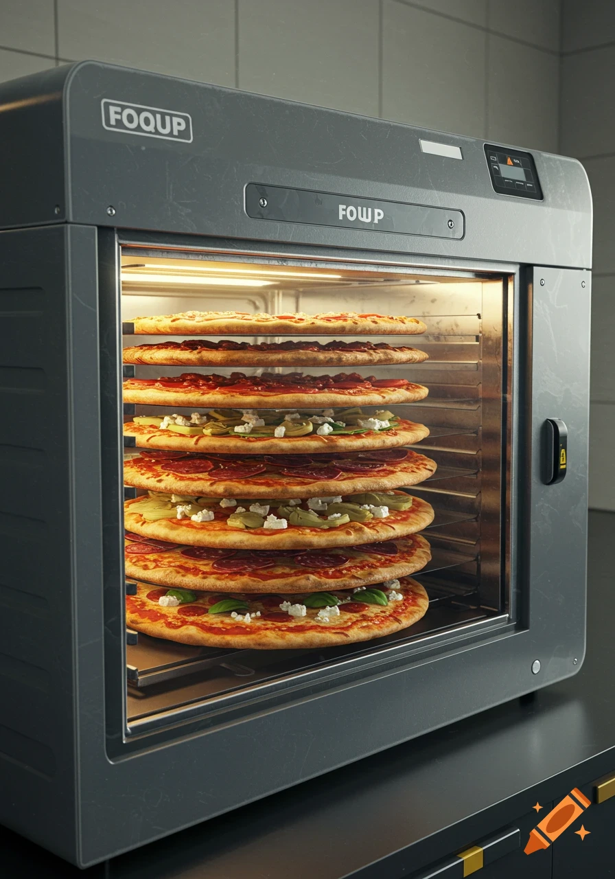 A commercial pizza oven with multiple shelves filled with various fresh pizzas, including pepperoni, artichoke, and basil.