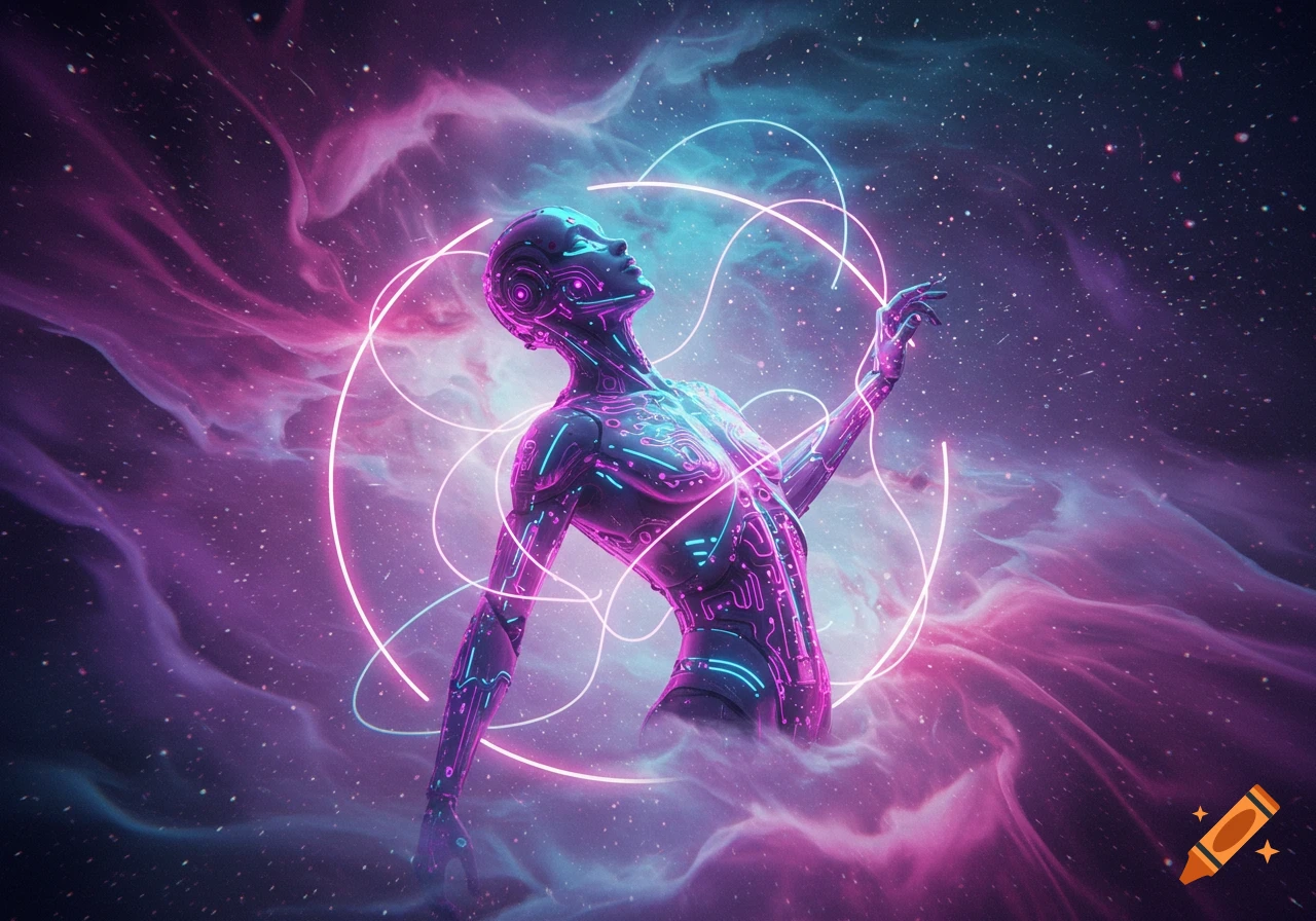 A vibrant, neon-lit cybernetic figure stands in a cosmic, nebulous space, surrounded by glowing lines.