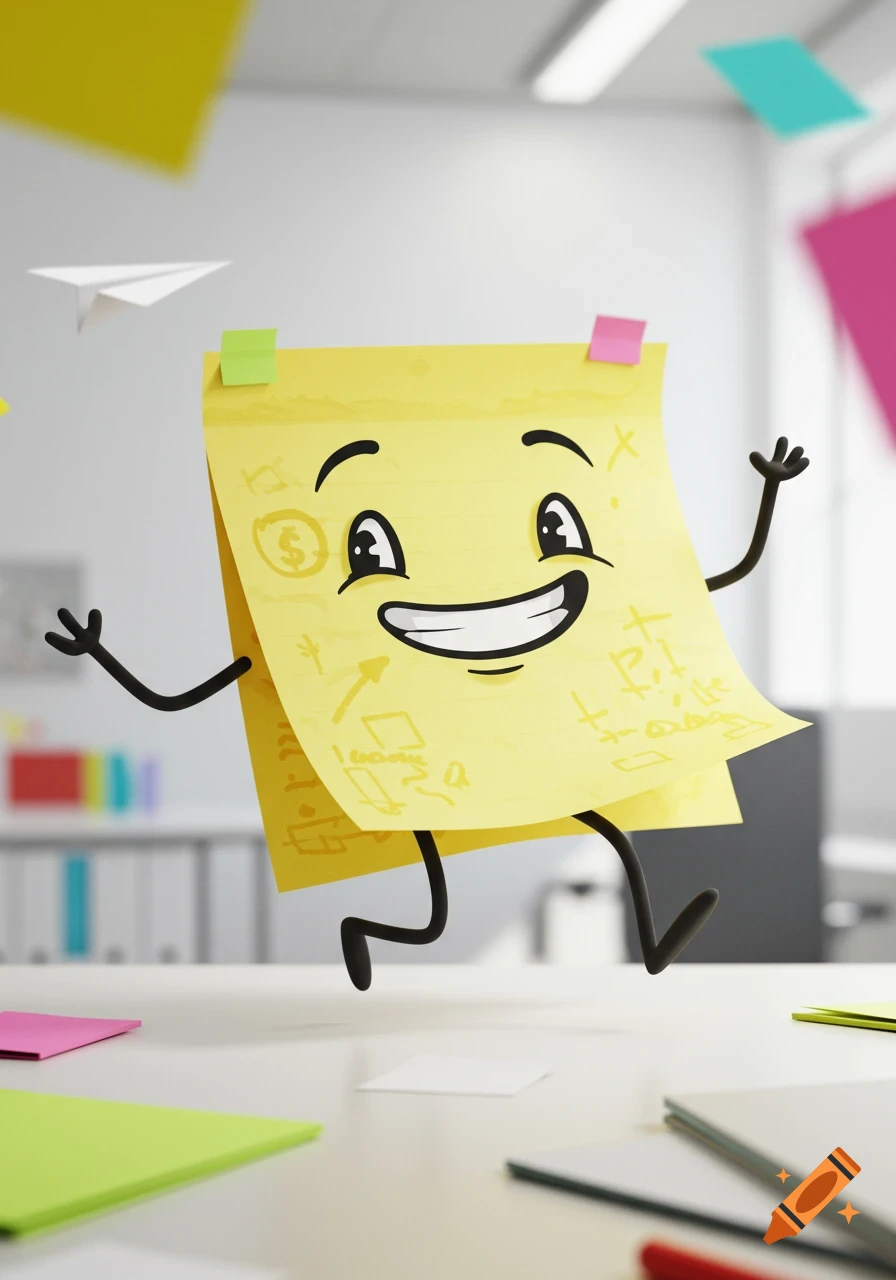 A happy yellow post-it note cartoon character with black arms and legs jumps in a bright office environment, surrounded by colorful papers and a paper airplane.