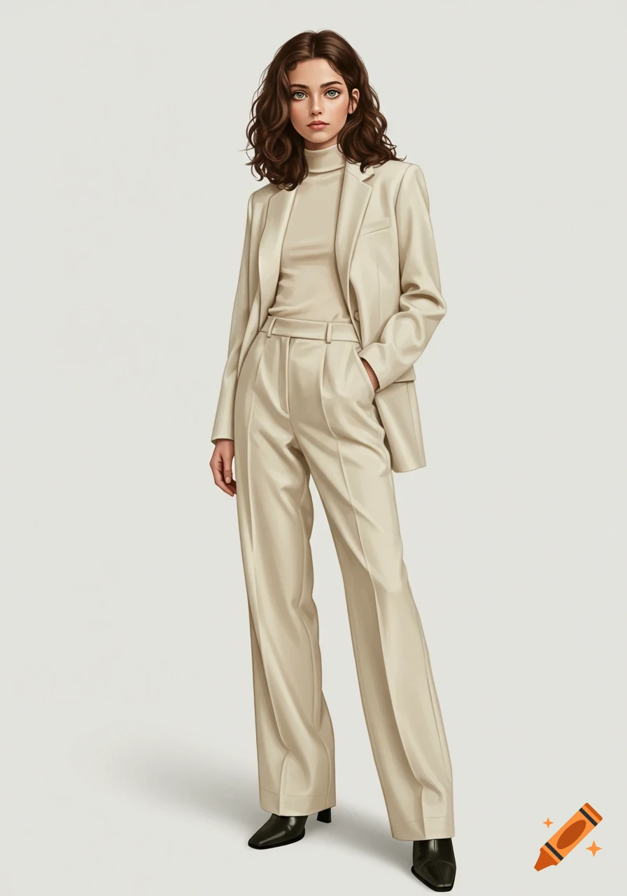 Illustrated young woman with brown wavy hair, green eyes, wearing a cream blazer, high-neck top, wide-leg trousers, and black ankle boots.