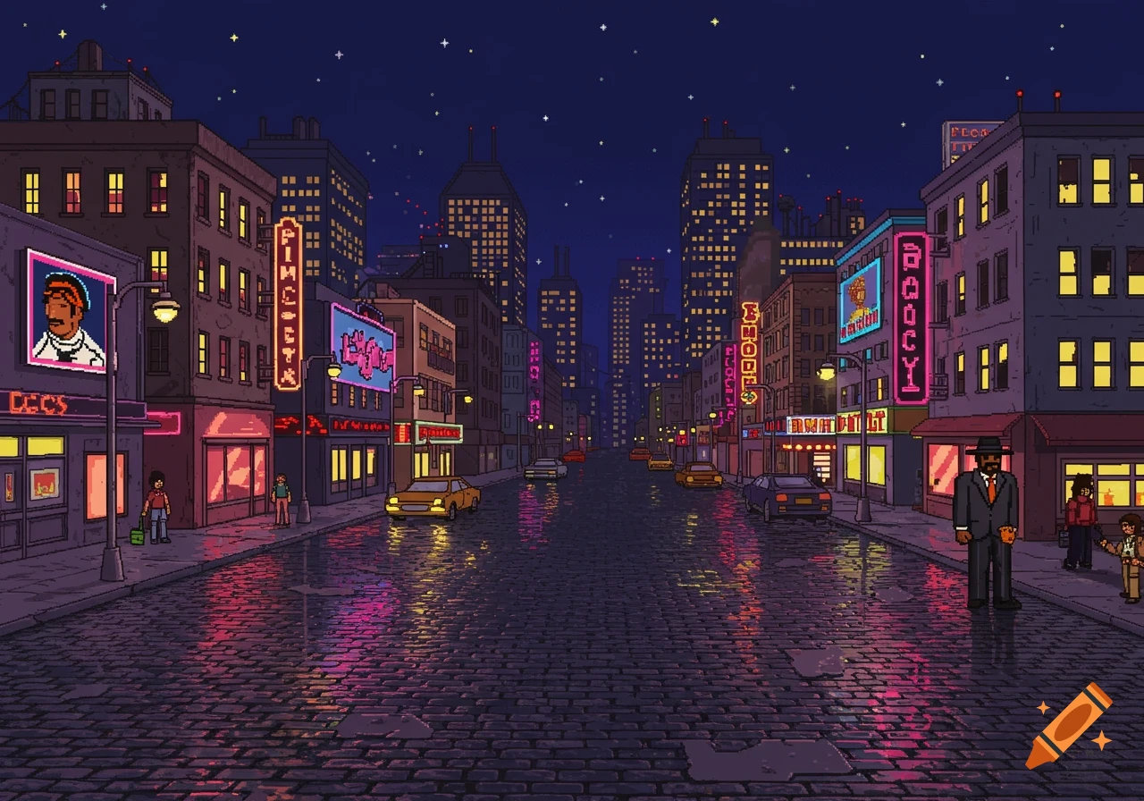 An 8-bit pixel art cityscape at night, with neon-lit buildings, a cobblestone street reflecting the lights, and scattered cars and pedestrians.