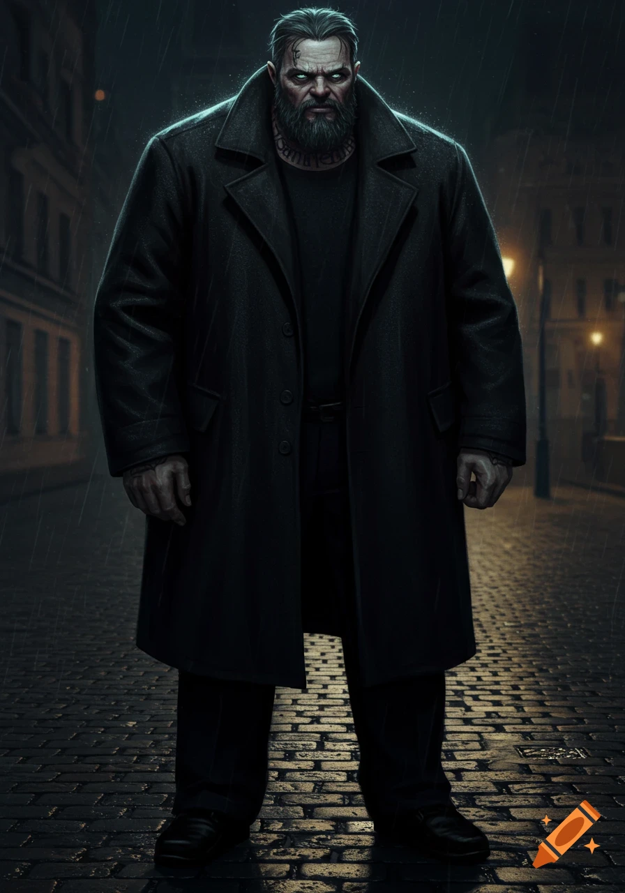 A large, menacing man with a thick beard, tattoos, and glowing green eyes stands on a wet cobblestone street in the rain, wearing a dark overcoat.