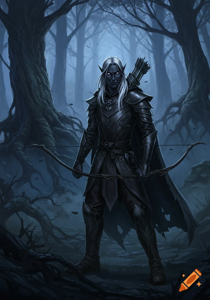 A male drow elf ranger with white hair, glowing eyes, and dark armor stands in a dark, misty forest, holding a bow.