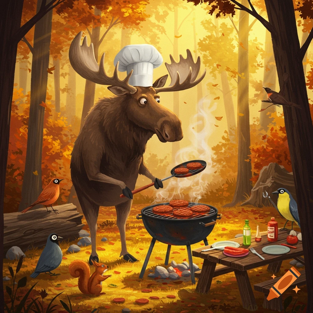 A whimsical cartoon moose chef in a white hat grills burgers in an autumn forest, surrounded by small birds and a squirrel.