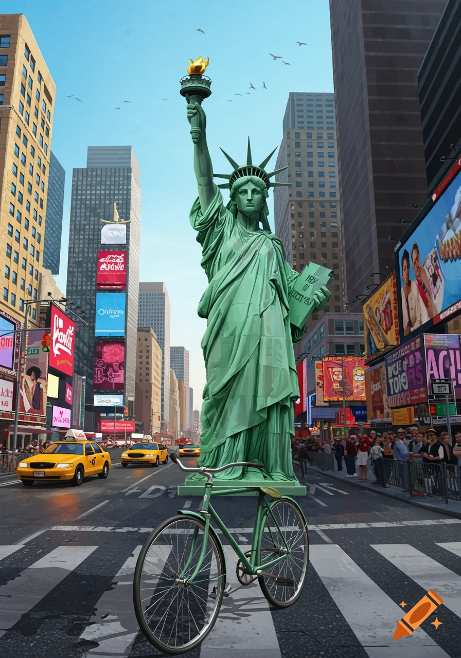 The Statue of Liberty rides a green bicycle down a busy Times Square street, surrounded by yellow cabs, people, and bright billboards.