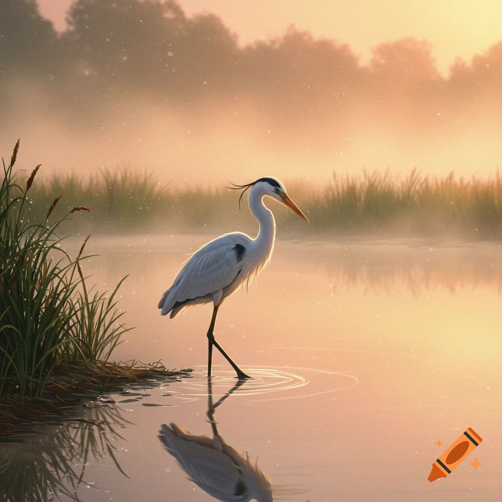 A white heron stands in misty, golden shallow water with its reflection, surrounded by tall grass.