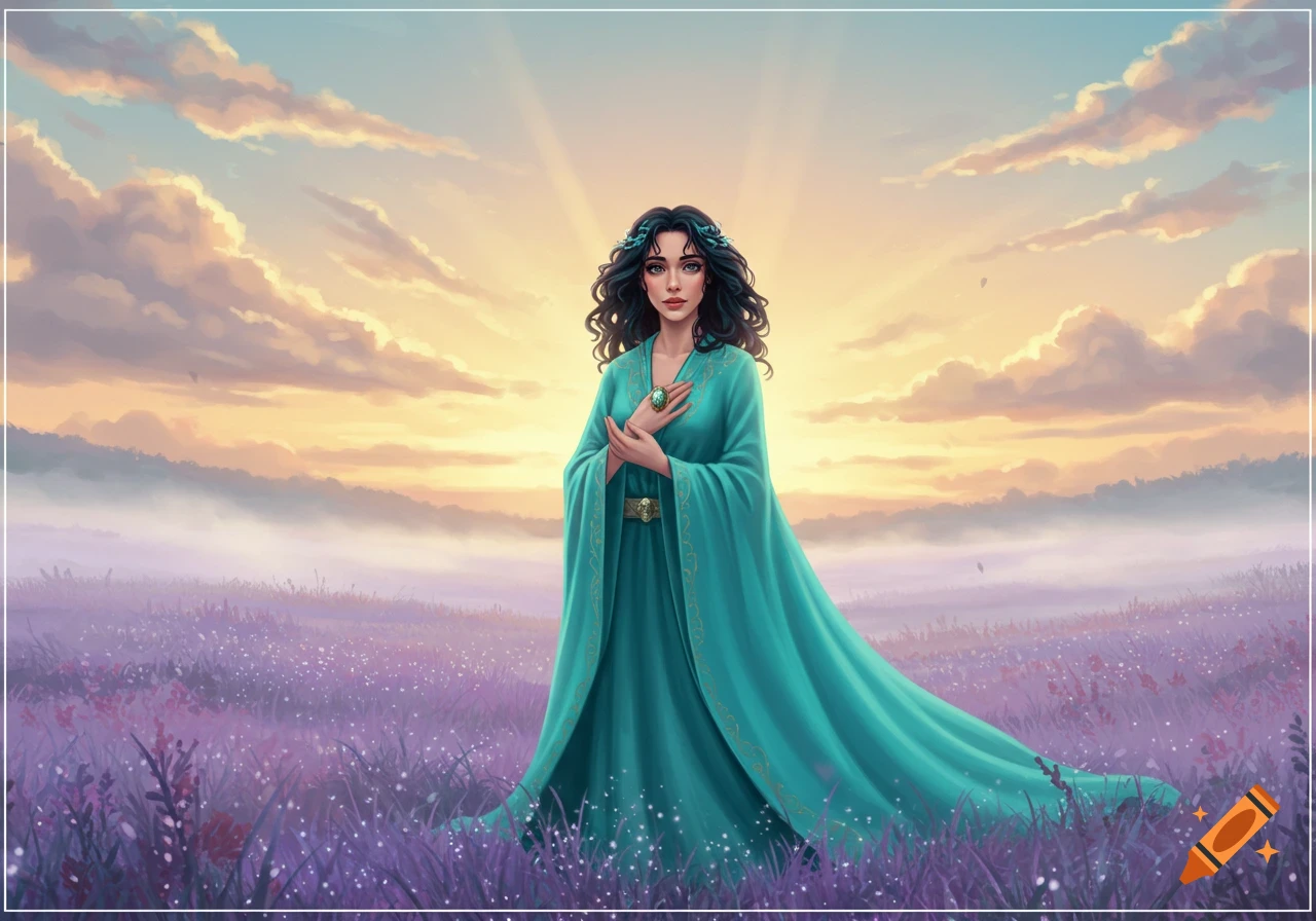 An illustrated woman with dark hair in a flowing teal dress stands in a purple flower field under a radiant sunset sky.