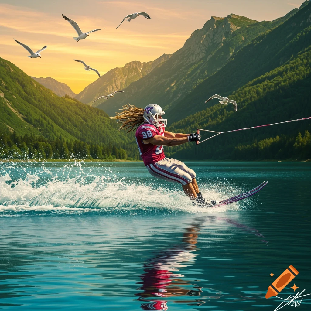 A football player in full gear water skiing on a lake with mountains and a sunset in the background, with seagulls flying overhead.