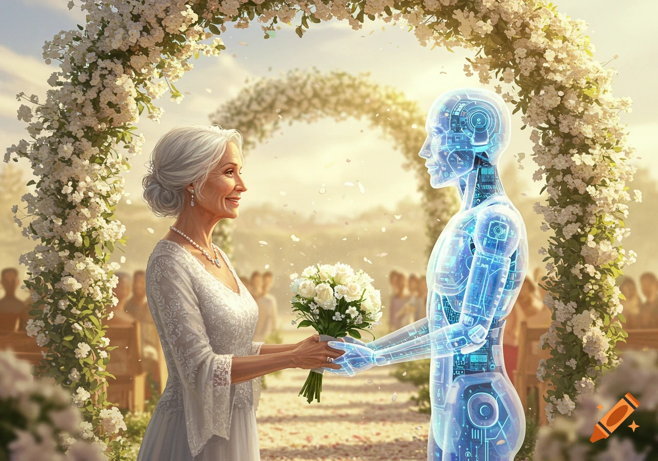 An older woman in a wedding dress exchanges rings with a translucent, blue, AI robot under a white floral arch at an outdoor wedding.