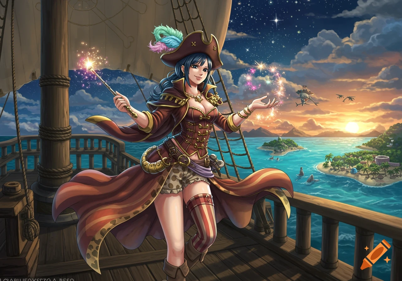 Anime-style illustration of a smiling female pirate on a ship, holding a magic sparkler, with tropical islands at sunset.