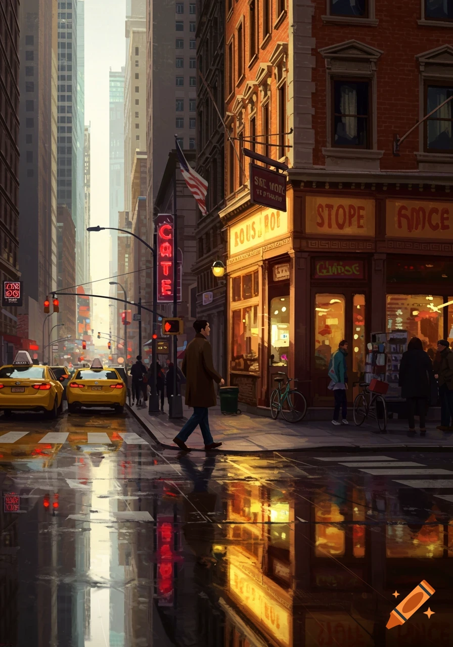 A stylized cityscape with a man walking on a wet street past shops and yellow taxis. Tall buildings rise in the background.