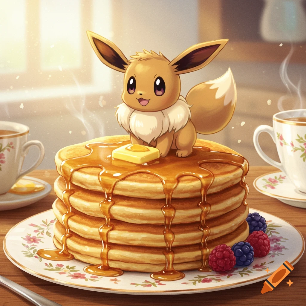 A cute Eevee pokemon sits on a stack of syrup-covered pancakes with berries and butter, next to teacups, in a bright anime style.