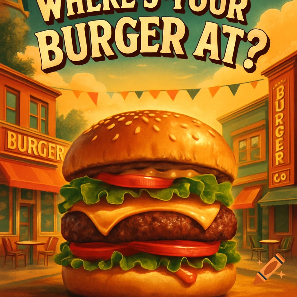 Colorful illustration of a large, appetizing burger in the foreground with the caption "WHERE'S YOUR BURGER AT?". In the background are street stores, one labeled "BURGER".