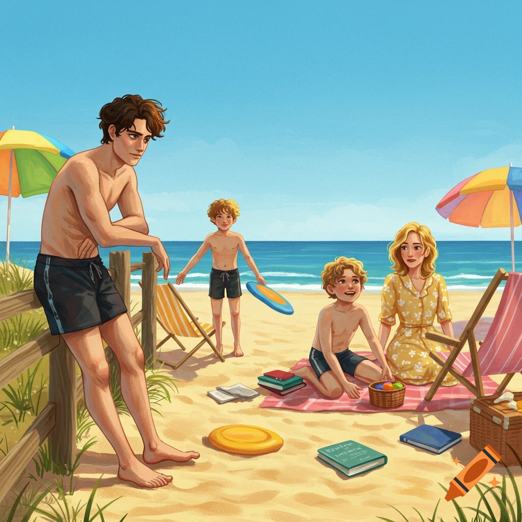 An illustrated family of four, including two adults and two children, enjoying a sunny day at the beach.