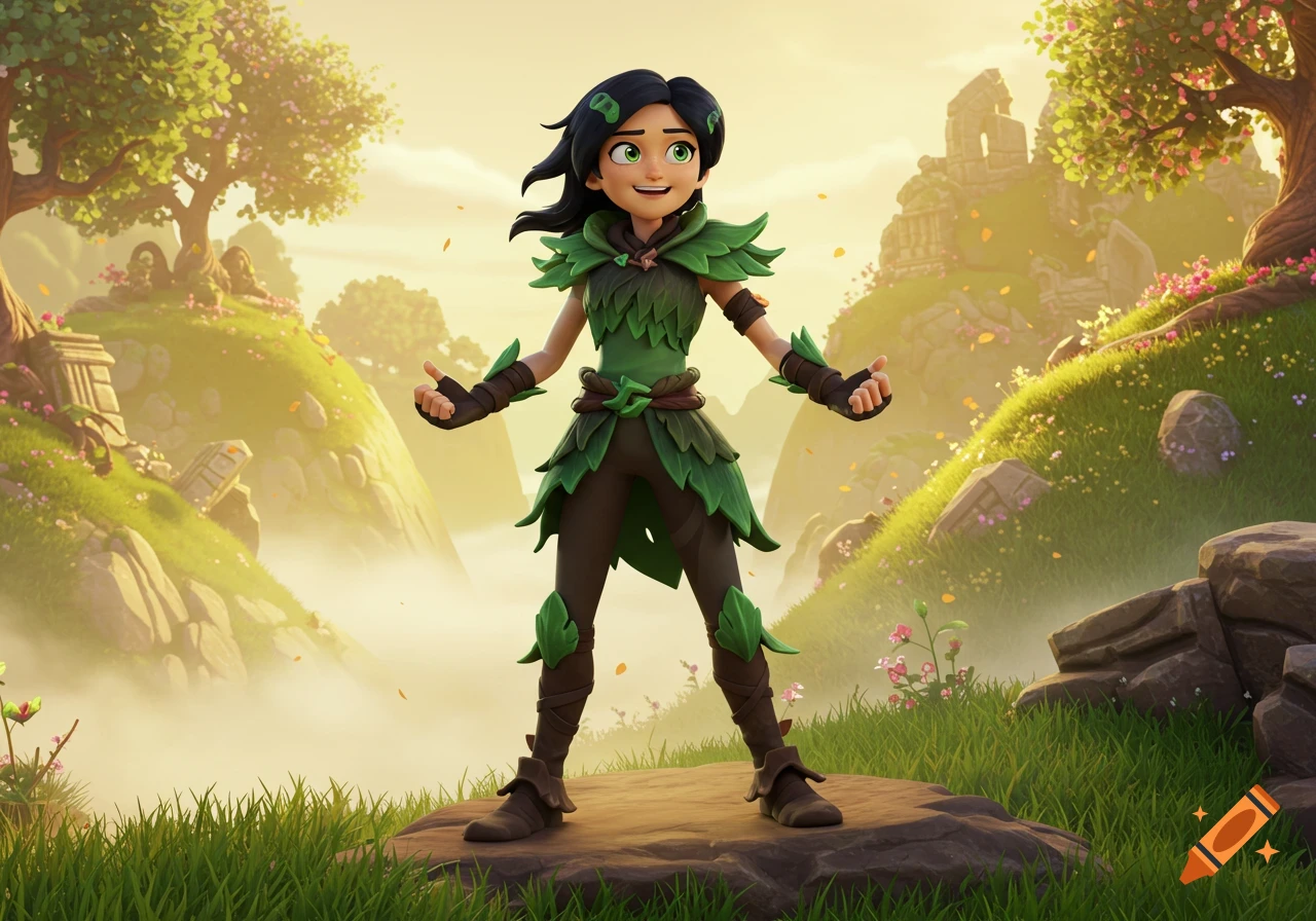 A cartoon character dressed in a leaf outfit stands in a bright, misty fantasy landscape.