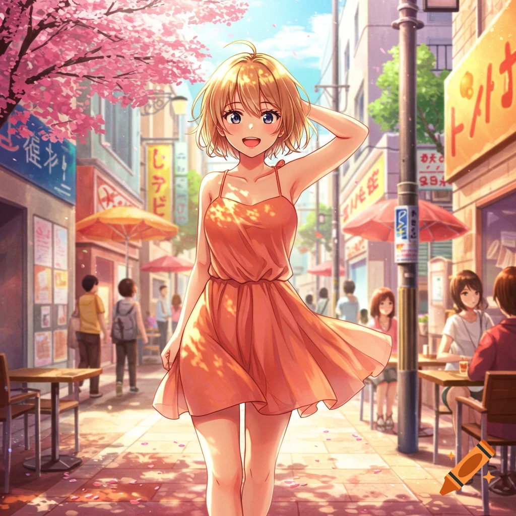 An anime girl with blonde hair in an orange dress walks down a sunlit street lined with shops and cherry blossom trees.