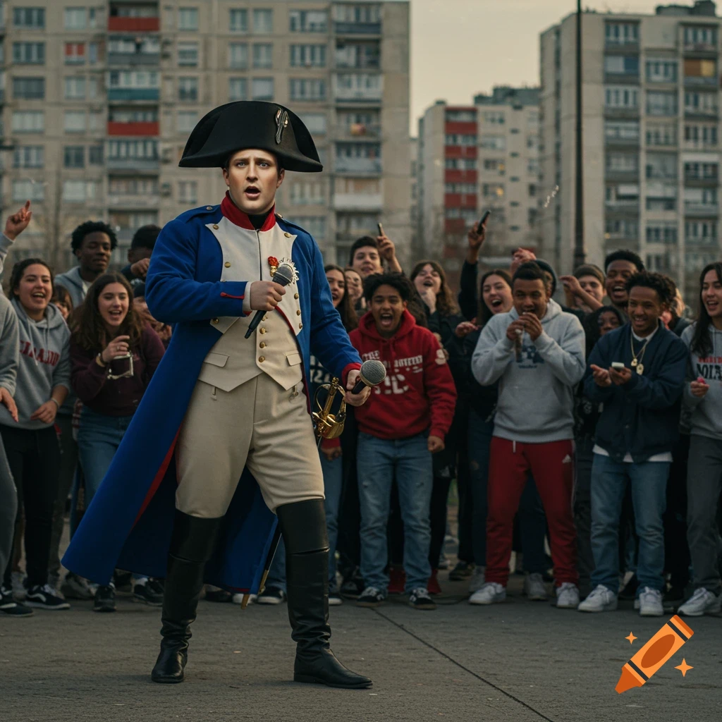 A man dressed as Napoleon in a blue, white, and red uniform holds microphones, rap battling with a diverse group of excited youths in an urban setting with apartment blocks in the background.
