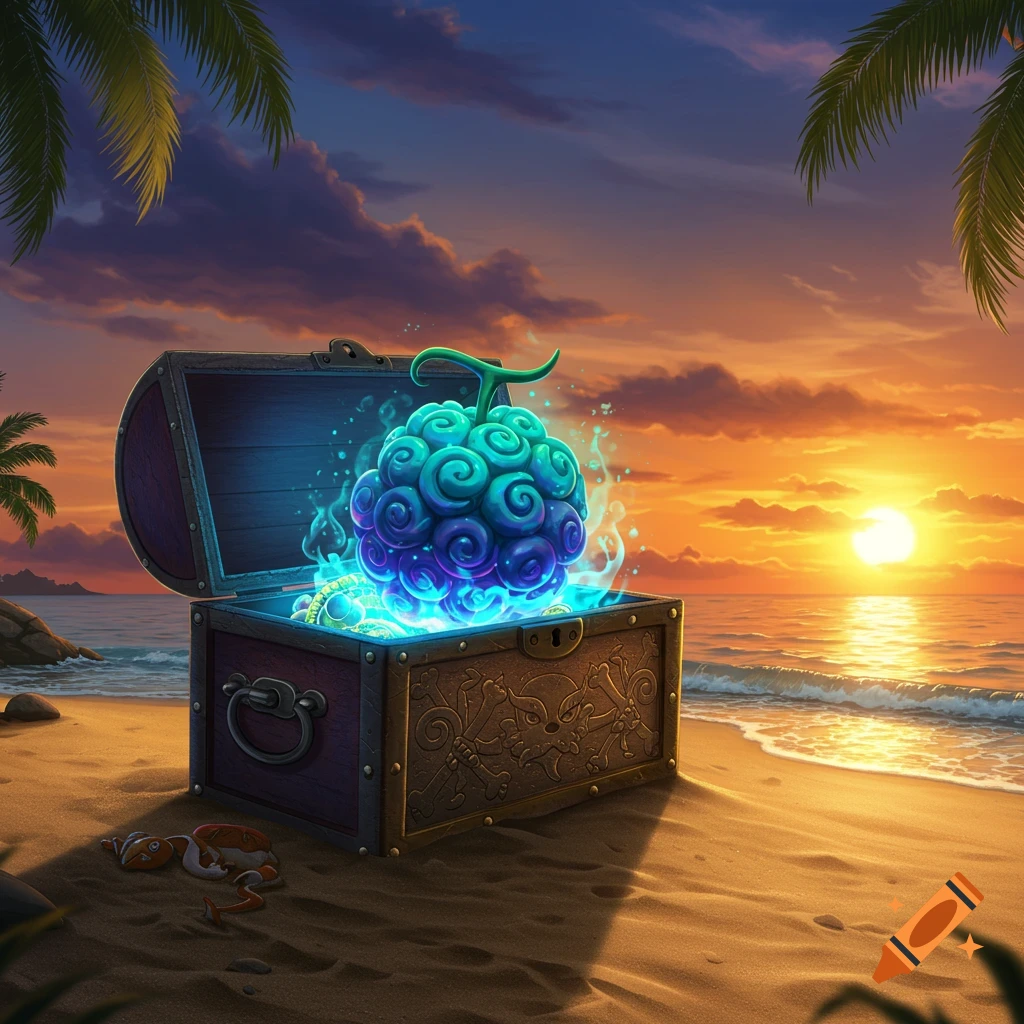 A glowing, blue-purple devil fruit in an open wooden treasure chest on a sandy beach at sunset, with palm trees and ocean waves.