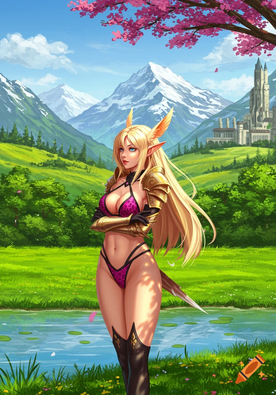 A blonde elf-like character in a pink bikini and gold armor in a vibrant green landscape with mountains and a castle, anime style.