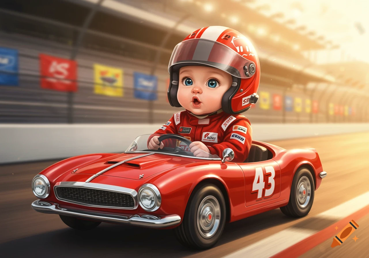 A cute cartoon baby wearing a red racing suit and helmet drives a red vintage race car with the number 43 on its side, on a sunny race track.