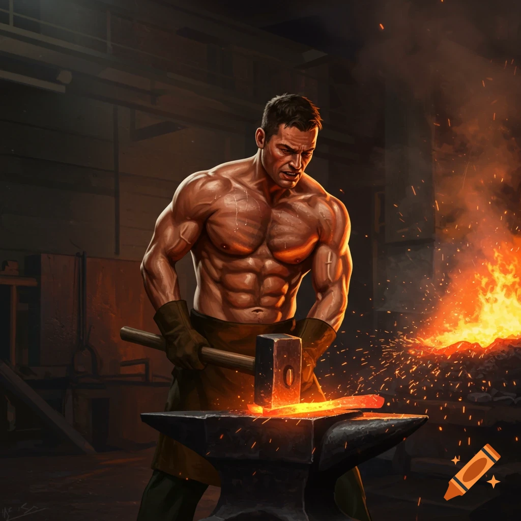 A muscular, shirtless blacksmith with an apron and gloves hammers glowing metal on an anvil in a fiery forge.