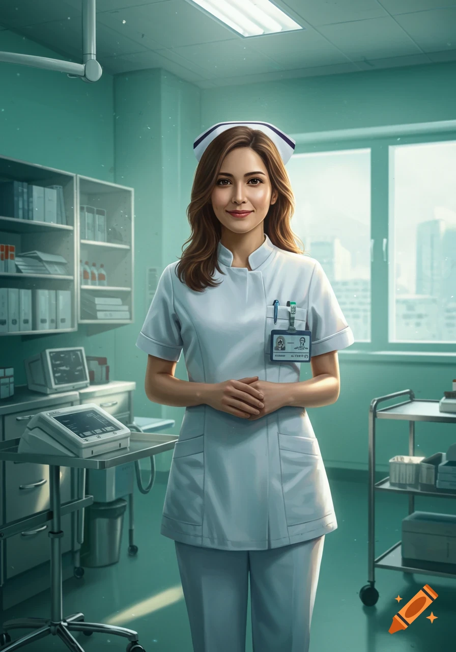 A photorealistic image of a smiling nurse in a white uniform standing in a medical exam room.