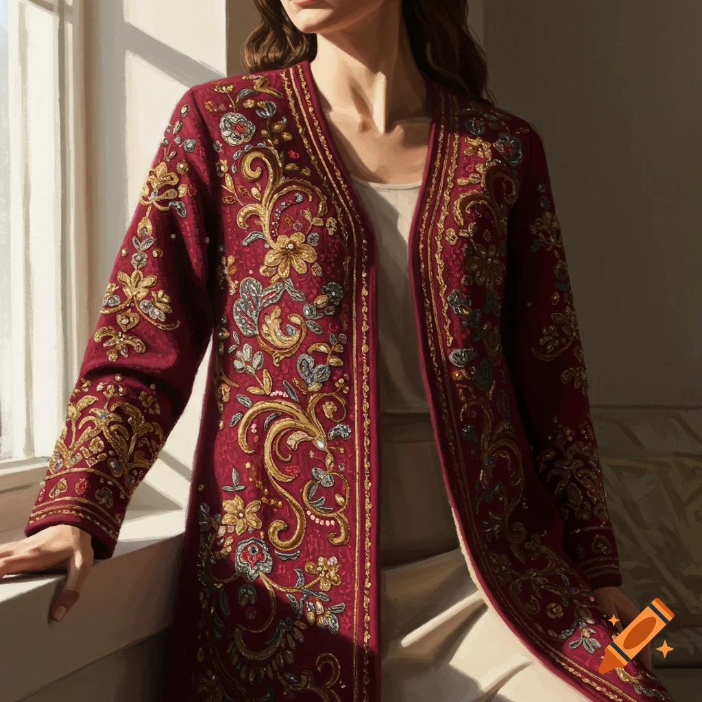 A woman in a maroon, heavily embroidered long jacket stands by a sunlit window.
