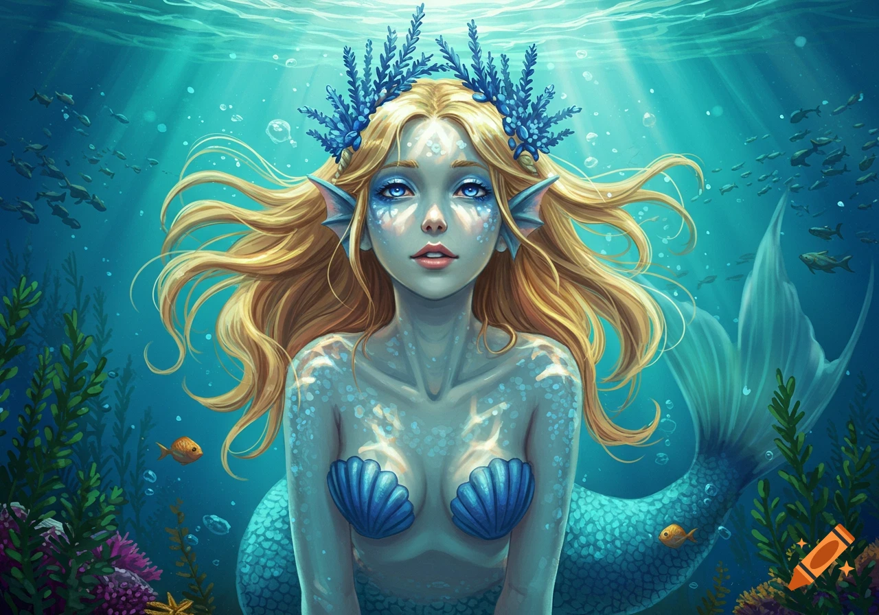 A stylized blonde mermaid with a blue seashell bra, seaweed crown, and blue makeup swims in a vibrant underwater scene.