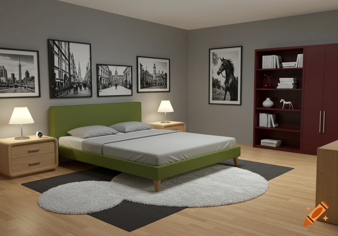 A modern bedroom featuring an olive green bed with gray sheets, light wood nightstands, a red bookshelf, and black and white artwork on gray walls.