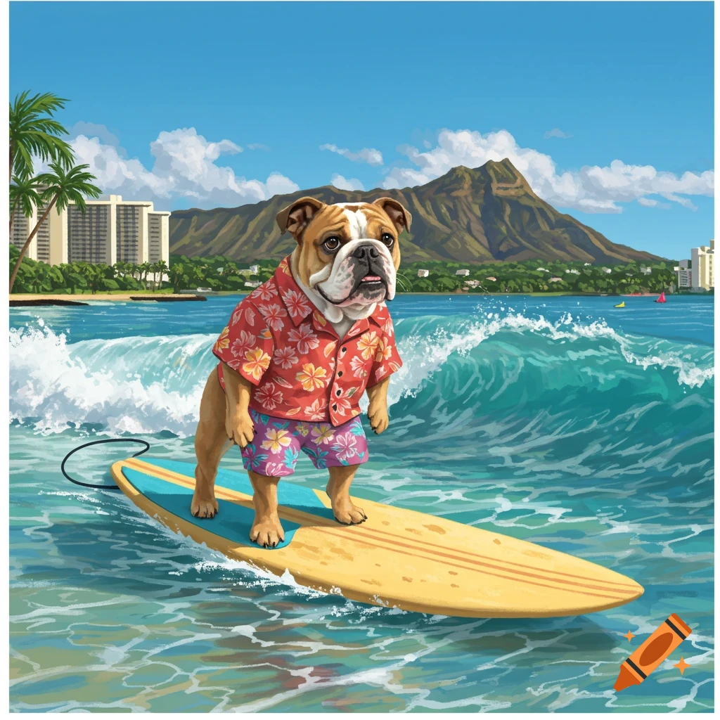A bulldog in a red aloha shirt and floral shorts surfs a wave in a vibrant illustration of Waikiki beach with Diamond Head mountain in the background.