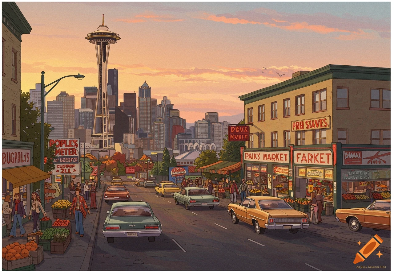 An illustration of a bustling Seattle street in the 1970s at sunset, with the Space Needle in the background, cars driving, and people walking by market stalls and storefronts.