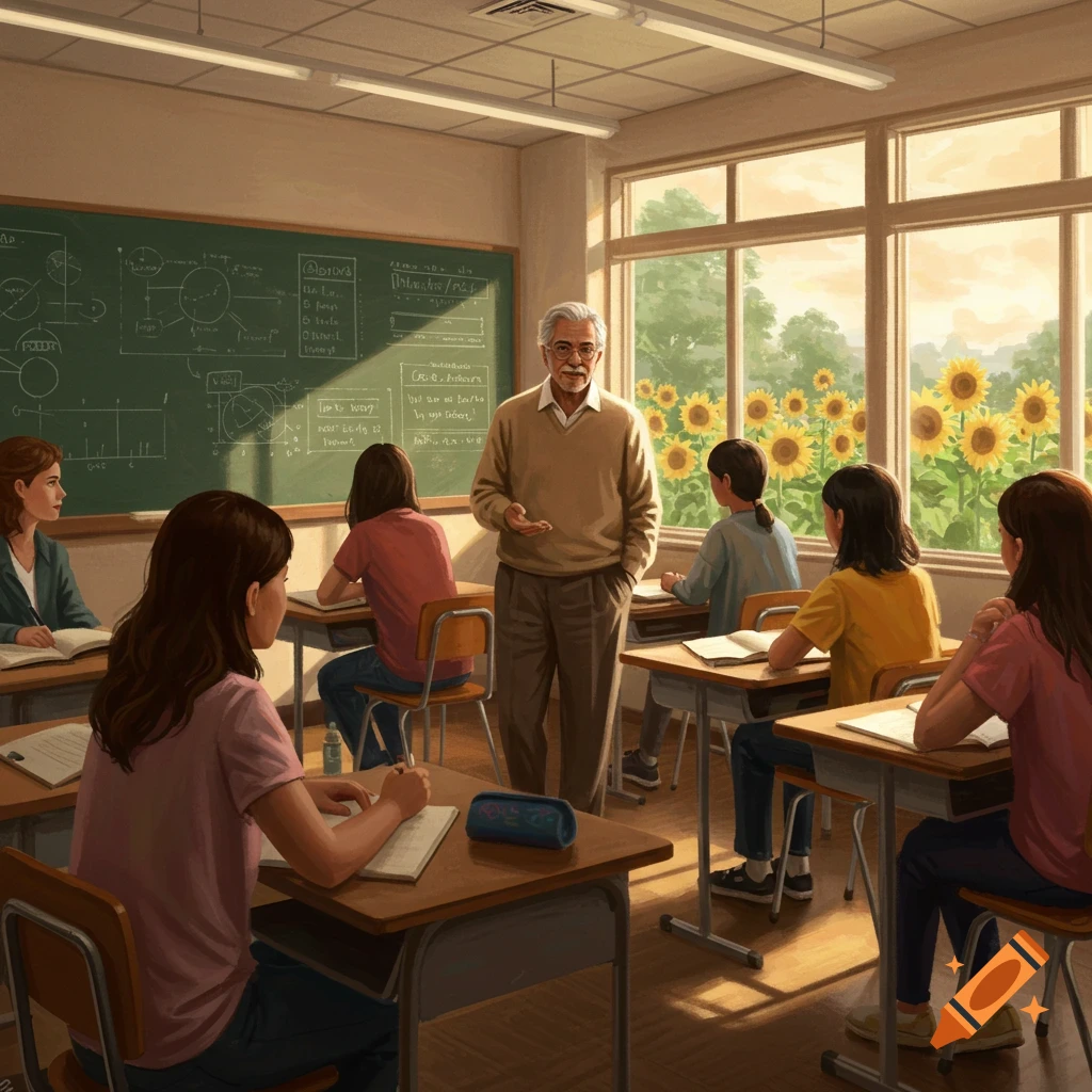 An older male teacher stands in a sunlit classroom, addressing students at their desks. Sunflowers bloom outside the window.