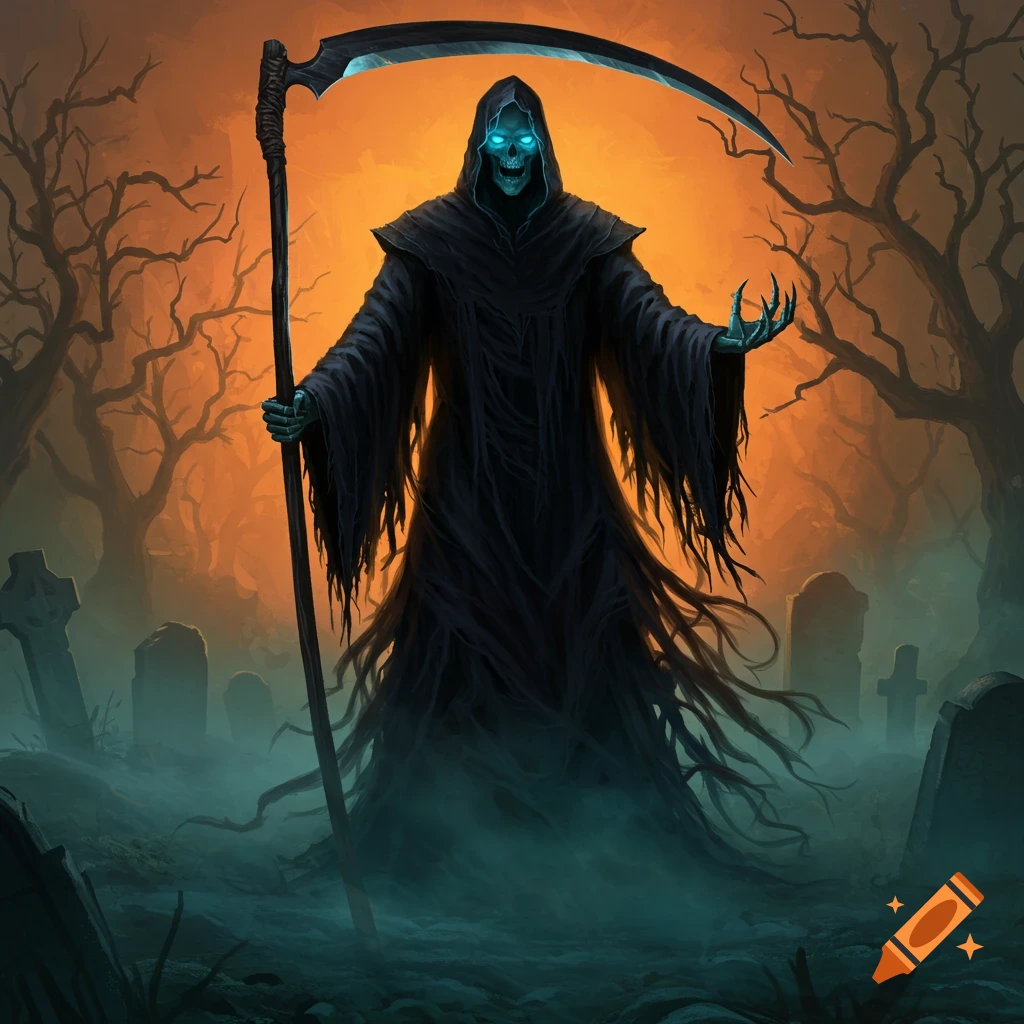A dark fantasy illustration of the Grim Reaper with glowing blue eyes, holding a scythe, standing in a misty graveyard.